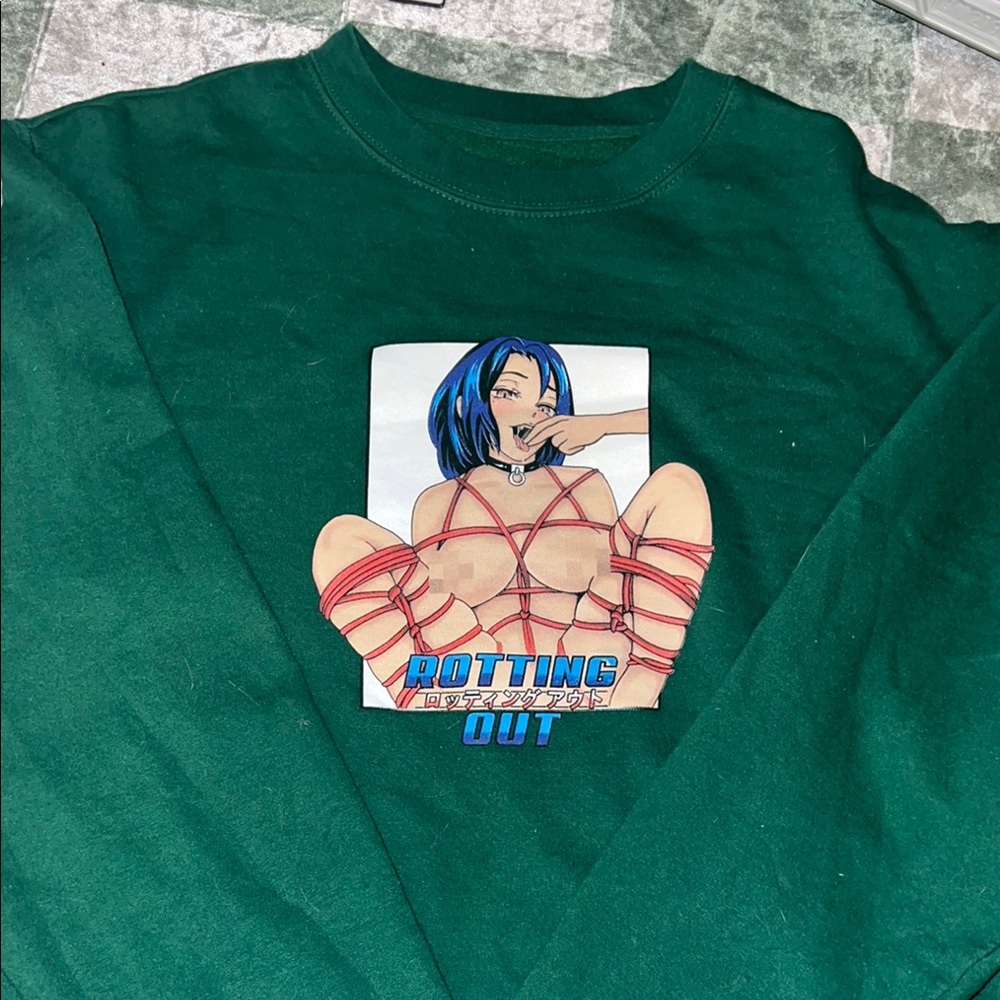 Rotting Out Green anime girl crew neck. OFFICAL tour merch.